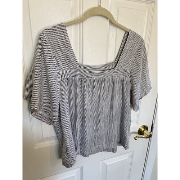 Linen Blend Square Neck Vertical Striped Top Sz Large Coastal Nautical Resort - Picture 2 of 6